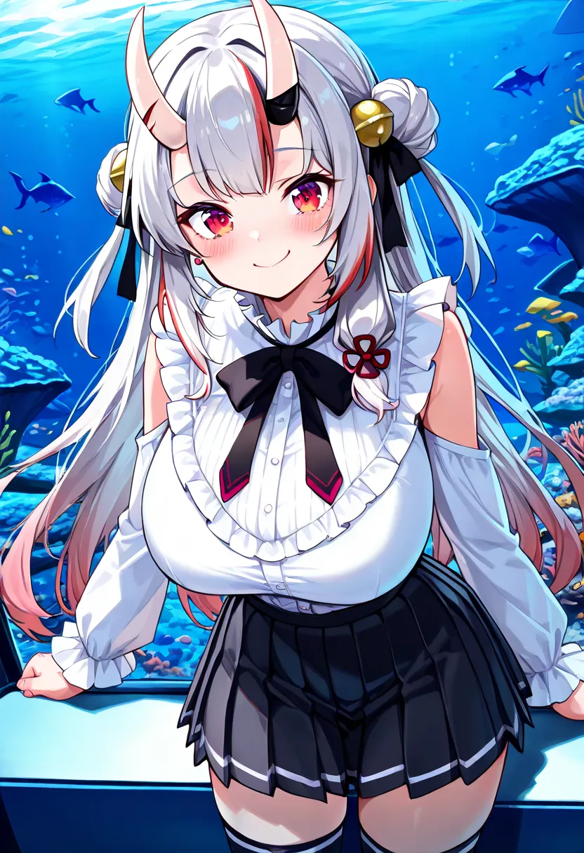 (TOP QUALITY , 8k , masterpiece , incredibly absurdres , perfect body , super detailed skin , highly detailed eyes and face , 1 woman ) ,  nakiri ayame , Silver Hair , red eyes , demon horn , smile ,  will be happy , ( white ruffle long sleeve blouse , sle...