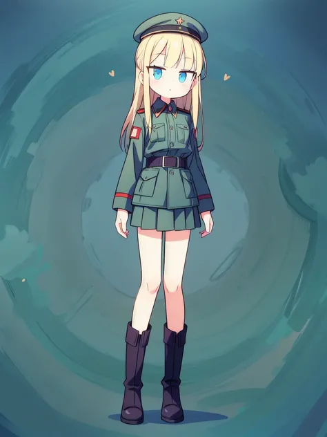 ((True best masterpiece, Ultimately perfect quality, Extremely delicate details)), A skinny soldier girl, Blonde, Blue eyes, Putting on a military suit, Green jacket, Military cap, Dress shirt with tire, Skirt, Boots, Uniform during cold war era, USSR offi...