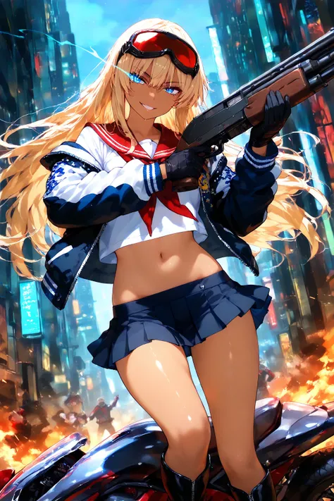 score_9, score_8_up, score_7_up, score_6_up, score_5_up, score_4_up,anime artwork masterpiece,best quality, unreal engine, ultra res, extremely detailed, One Girl,blonde hair,long hair,blue eyes,glowing eye trail,tan skin,biker goggles on head,black sailor...