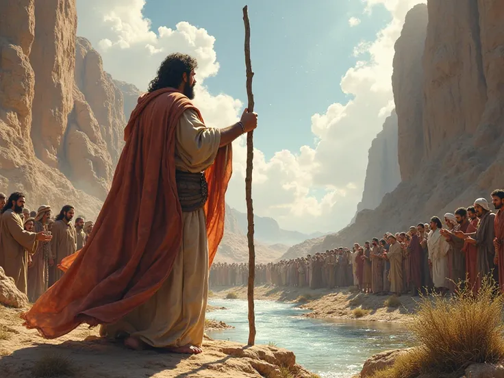 Moses, pointing his staff at a rock, is a crowd of people around him watching him.