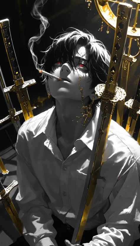 masterpiece,the best quality, newest ,absurdres, highres,Very far, a boy,sword combat , monochrome,grayscale,((gold-colored swords in the background)), white shirt,cigarette ,facial scar,earring,bright red eyes,Looking up,From above