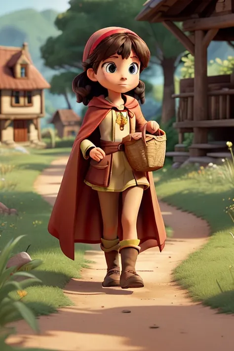 Description of the kingdom: A faraway kingdom, covered by lush forests and vast meadows, with a small town of stone and wooden houses. in the center, a girl in a bright red cape walks along a dirt path, with a basket in her hand and an expression of determ...