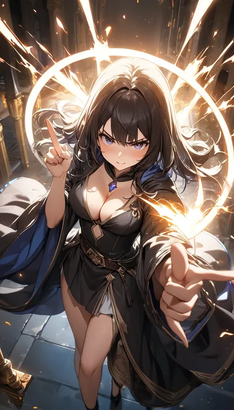 (A beautiful girl:1.3), cute anime girl, from above, upper body, looking down, wearing a wizard's robe, elegant outfit, sexy, beautiful, pointing her bare fingertip forward, making a finger gun gesture, firing a beam of light, an expression of anger, mediu...