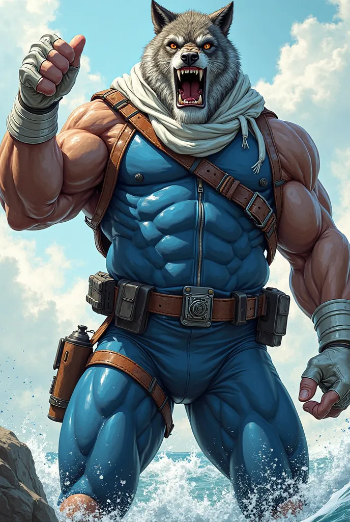 (A rugged beefy extremely muscular bulky angry old man), (wearing blue skintight fullbody zipper wetsuit with short swimming pants that show his muscular thighs), (wearing realistic roaring wolf mask), thumbs up pose, wearing bulky harness, wearing bulky s...