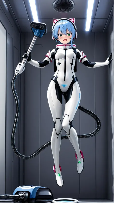 1girl,light blue hair,short hair,green eyes,solo,she in white sleek bodysuit with black joint and gray joint accents,floating midair in zero gravity,from front view, looking at the viewer with a flustered expression,open mouth,wide eyes,wearing cat-ear hea...