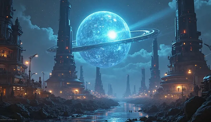 A futuristic alien cityscape with towering megastructures, glowing neon lights, and colossal AI-controlled machines. A massive Dyson sphere surrounds a bright blue star, harnessing its energy for advanced computation. The scene is highly detailed, cinemati...