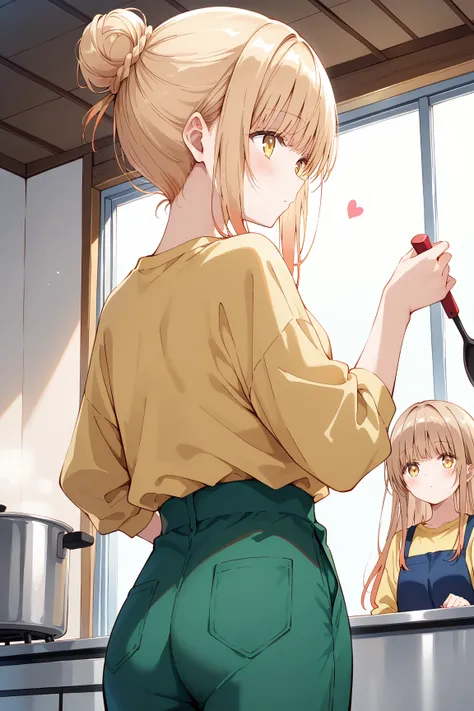 masterpiece,best quality,Mahiru Shiina, bangs, blonde hair, brown hair, yellow eyes,long hair, shirt, sidelocks, pants, hair bun, single hair bun, yellow shirt, green pants,Cooking、 heart