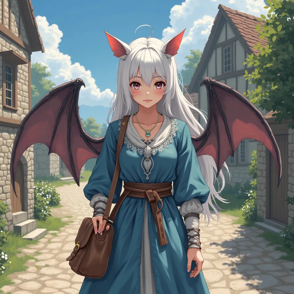 (medieval female:1.1), (white bat ears and wings:1.15), (blue dusty clothes:1.1), (medieval clothes:1.25), (look at viewer:1.2), (front view:1.2), (leather bag), (stay in village:1.2), (stone road:1.1), (stone house background:1.1), (look at viewer:1.1), (...