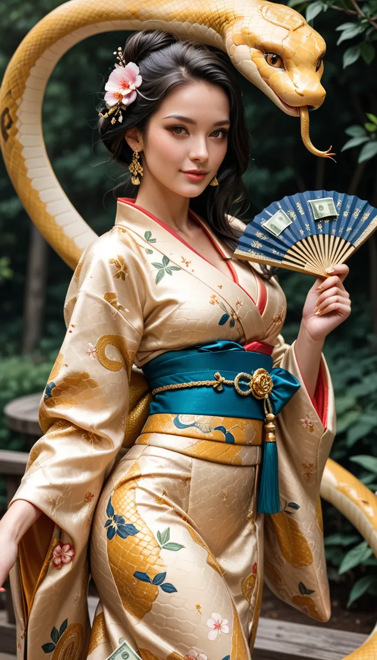 (masterpiece,  the best quality:1.2),  1 woman,  Alone,   beautiful eyes,  Snake goddess with long black hair , Golden snake ,   Hip swing dance   , Beautiful kimono ,  Use paper money as a hand fan , Place one hand on your waist and lift the bill above yo...