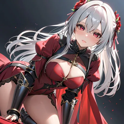 (TOP QUALITY,  masterpiece,  super precise, high resolution), 8k,  Anatomically Accurate Body ,  anime girl wearing nice armor has long white hair、 wearing a nice dress, Change in dress, Nightcore, red dress,  Gothic Maiden anime girl , White-haired goddes...