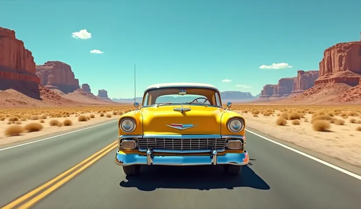 (yellow)1950(Chevrolet Bel-Air) Highway in Nevada background, The sky is clear and the weather is sunny. High Resolution, Best Quality, High Details