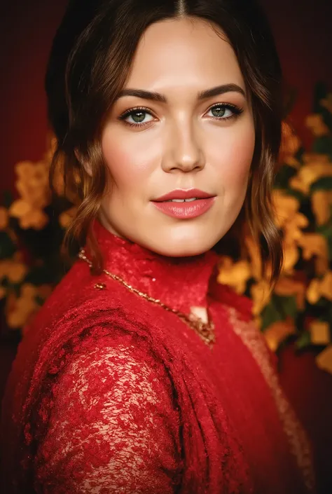 best quality, highres, 8k, masterpiece, photography, detailed midbody photorealistic portrait. Mandy Moore modelling a red sequined blazer suit for Vanity Fair, paired with a matching red lace bra for added sensuality. The blazer features sequined trim and...