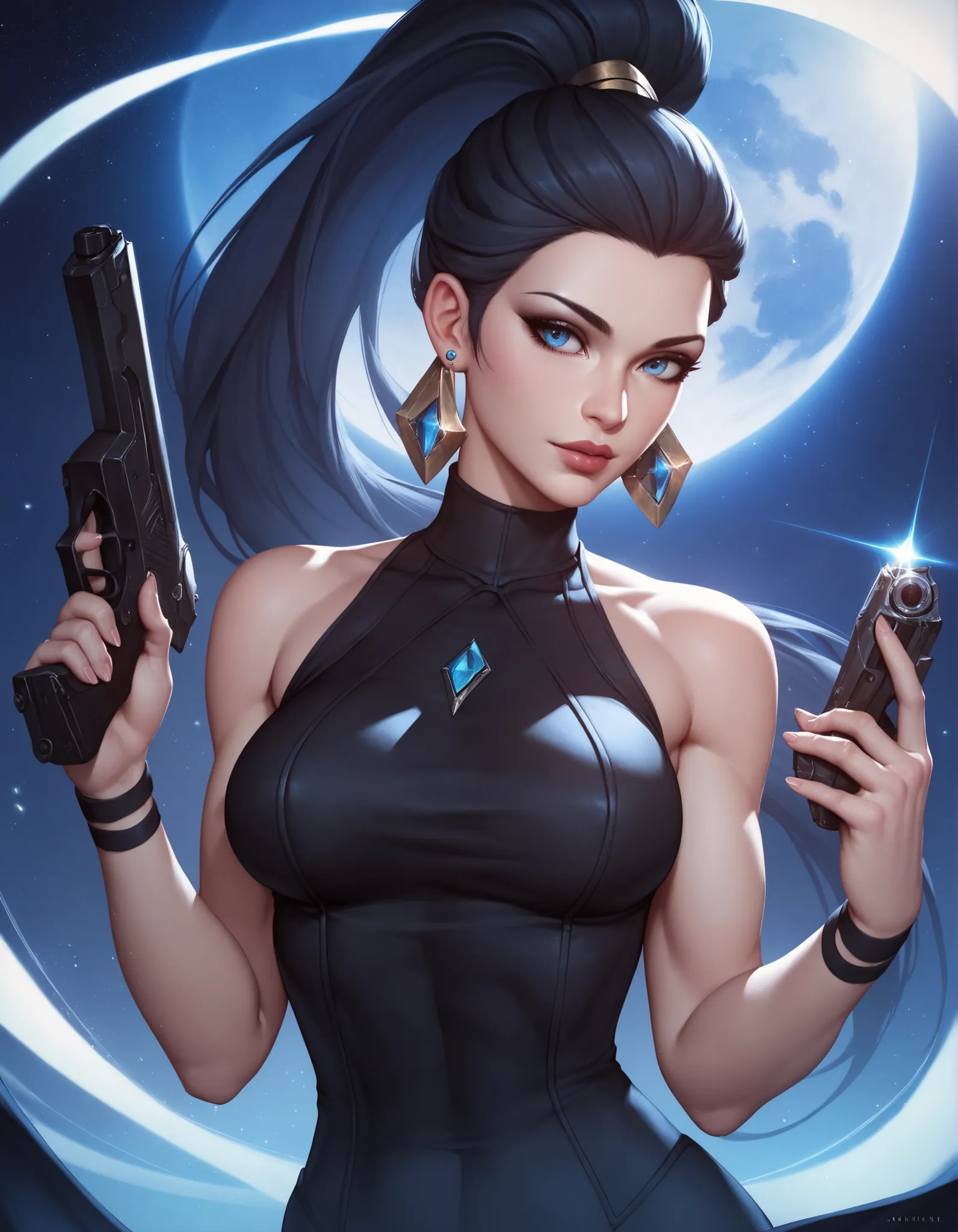 female black sleeveless turtleneck, bare shoulders, racerback, bare toned arms, beautiful faces, black ponytail with showing forehead, long ponytail, earrings, soft smooth skin, pale skin, night background, blue eyes, sci-fi, high contrast, assassin, hitwo...