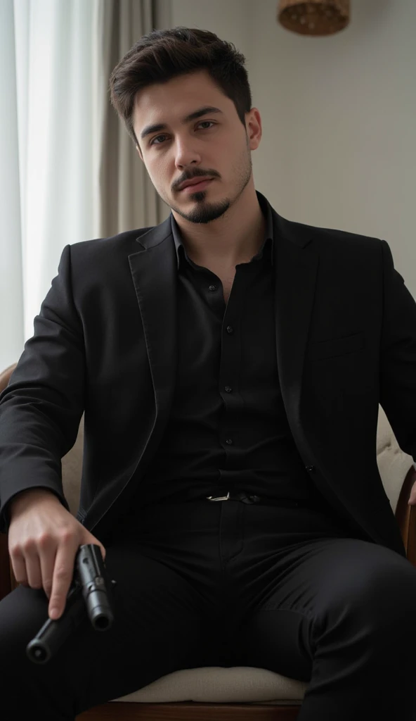 young handsome turkish guy with dark short hair and goatee beard he wears a black suit pants and a black blouse he has a gun in his hand he sits amateur photo random picture natural realistic he sits like a boss