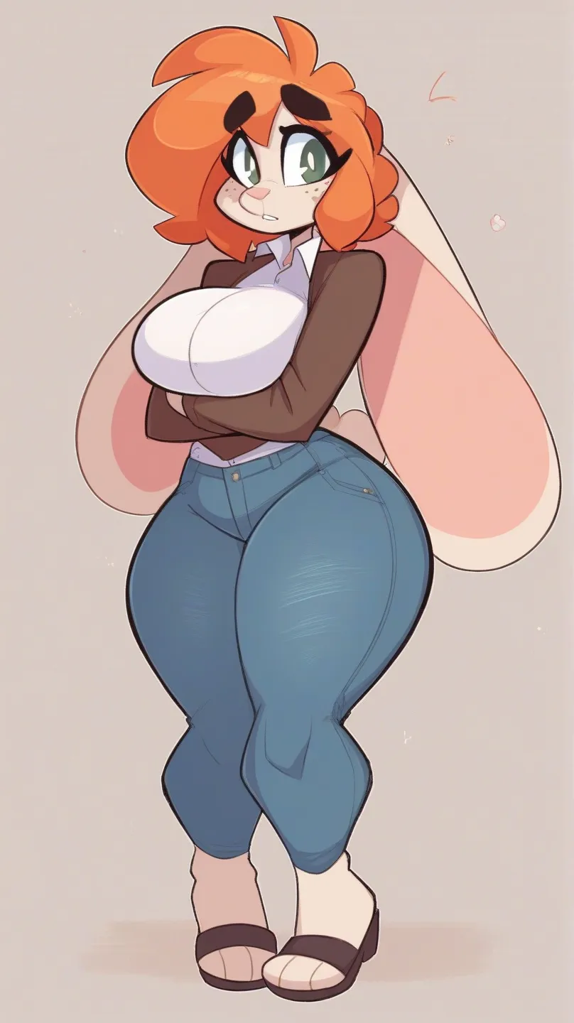 White skin,White Anthropomorphic Rabbit, With A Small Rabbit Tail, open white shirt showing boobs, With brown Details, tight thicc jeans, Red Details , Orange Hair, Freckles On Her Face,Green Eyes, And Small Black Eyebrows, She 5'0 Tall, Thick Big Breasts,...