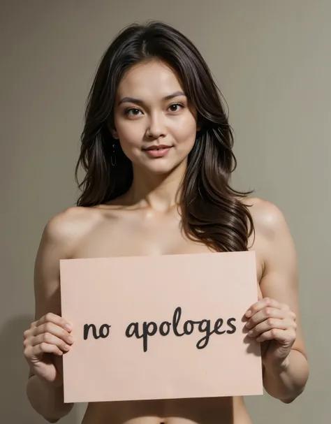 A woman soft smiling while holding a ((sign that writes "No apologies")) In front of her,  the sign is over her chest, (upper body shot)