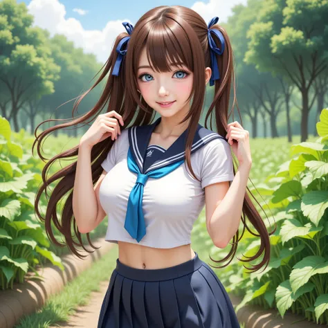  girl,  fit girl , score_9,  score_8_ up the side,  score_7_ up the side,  score_6_ up the side,  No posts, 1人の girl, Nakano Future,  long hair, bangs,  blue eyes,  brown hair,  shirt,   hair between eyes, Big Breasts,  sailor suit, School_uniform,  tie,  ...