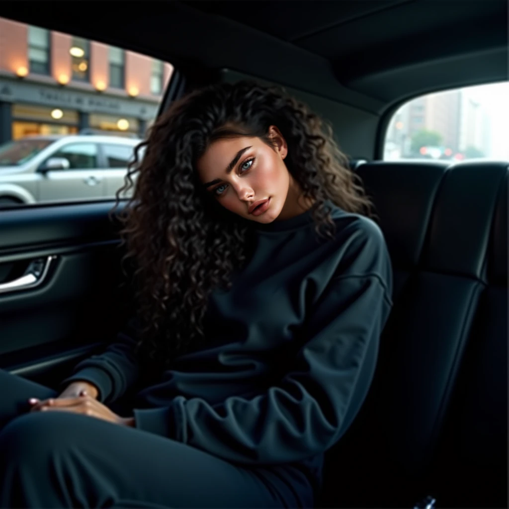  Skinny young woman,  LONG CURLY BLACK HAIR ,blue eyes , sleeping on the bench wearing a black sweatshirt ,  black sweatpants ,  sneakers, Sitting in a limousine sleeping with your team that is in the limousine sleeping too  ,  Along with your team  , to m...