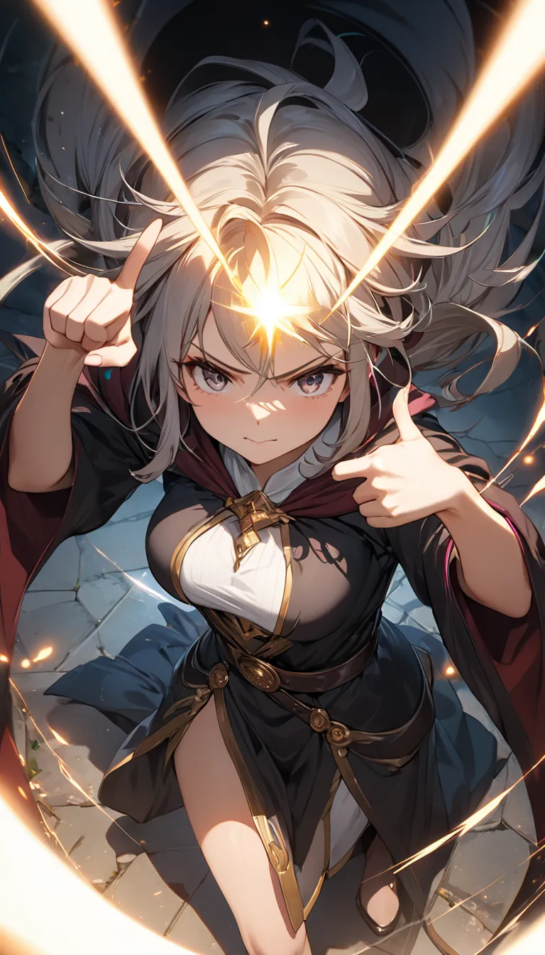 (A beautiful girl:1.3), beautiful anime girl, from above, upper body, looking down, wearing a wizard's robe, elegant outfit, sexy, beautiful, pointing, making a finger gun gesture, firing a beam of light, an expression of anger, medium breasts, fantasy art...