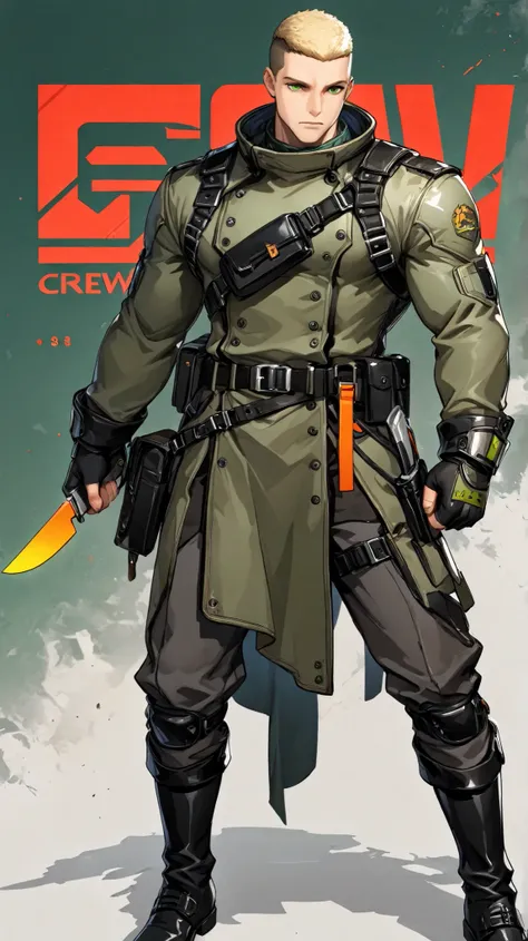 1boy, 28 yo, tall and muscular, blond hair, crew cut hair, green eyes, precise eye detail, wearing practical outfit: (color, muted green), black boots, belt bag, holding short knife, standing, whole body, red dynamic background, ultradetail, absurdres, 