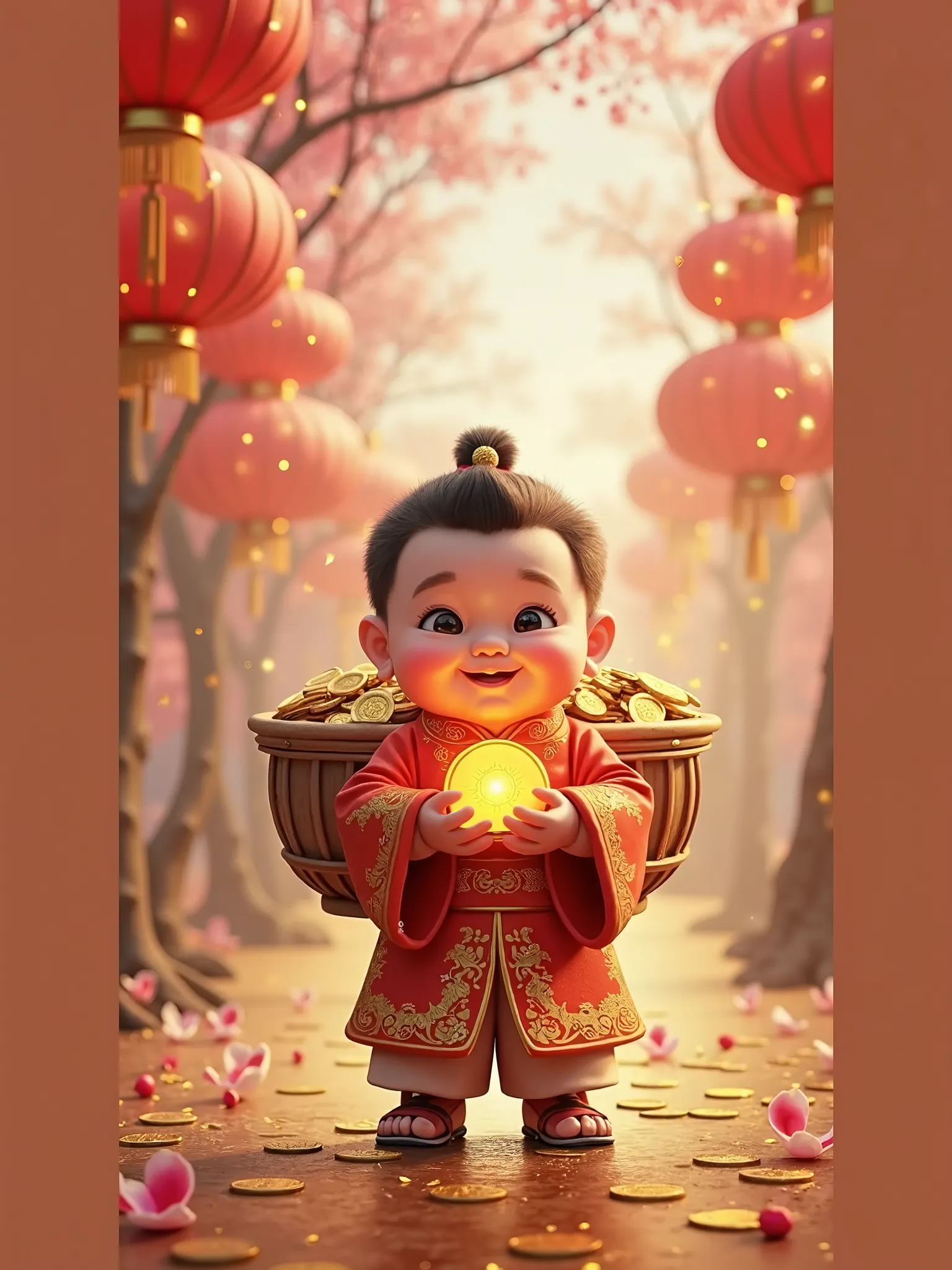 A chubby adorable boy dressed as the Chinese God of Wealth in bright red silk robes with golden embroidery, holding a glowing golden ingot in his hands, carrying a bamboo basket overflowing with gold coins on his back, walking on a shimmering golden pathwa...