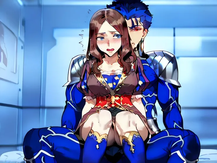 Cu_Chulainn(fate), blue_hair, red_eyes, Leonardo_da_vinci(Fate), Brown_hair, Blue_eyes, 1boy, 1girl, sitting_on_person, blush, open_mouth