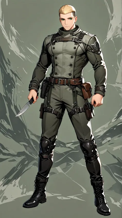 1boy, 28 yo, tall and muscular, blond hair, crew cut hair, green eyes, precise eye detail, wearing practical outfit: (color, muted green), black boots, belt bag, holding short knife, standing, whole body, dynamic background, ultradetail, absurdres, 