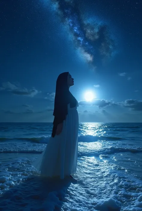 ((masterpiece, highest quality)), at night, thin fitted flowing abaya, Pakistani hijabed Muslim curvy girl, put one foot in the sea water with only toes, girl standing, girl sideways, girl between the horizon and the sea, looking from the side, ripples spr...