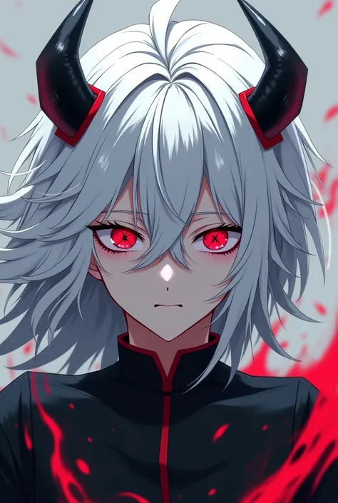 Anime male with white hair, red eyes with in the eyes there is a black x symbol with 2 black horns