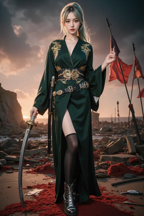 A breathtakingly beautiful female version of Roronoa Zoro from ‘One Piece,’ standing amidst a fierce battlefield. Her long, emerald-green hair flows in the wind, loosely tied in a ponytail, with strands framing her delicate yet strong face. Her golden eyes...