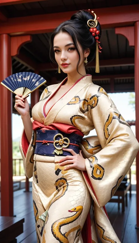 (masterpiece,  the best quality:1.2),  1 woman,  Alone,   beautiful eyes,  Snake goddess with long black hair , Golden snake ,   Hip swing dance   , Beautiful kimono ,  Use paper money as a hand fan , Place one hand on your waist and lift the bill above yo...