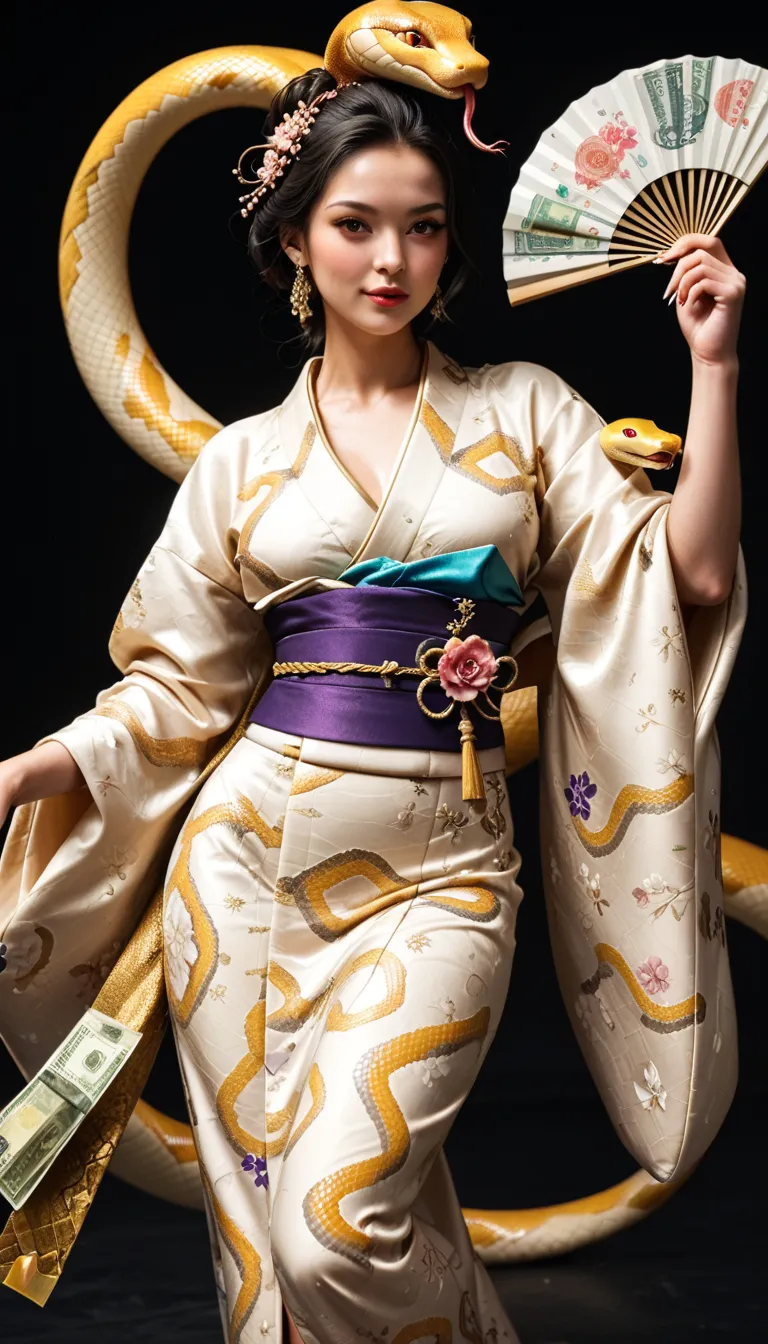 (masterpiece,  the best quality:1.2),  1 woman,  Alone,   beautiful eyes,  Snake goddess with long black hair , Golden snake ,   Hip swing dance   , Beautiful kimono ,  Use paper money as a hand fan , Place one hand on your waist and lift the bill above yo...