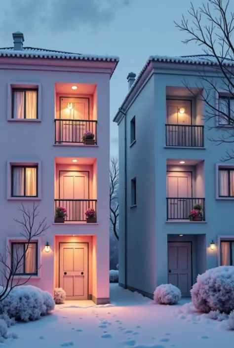 drawn as an illustration, two neighboring apartments. . The first one is illuminated and there are exactly four switches on the wall inside it.. The second is dark (with the lights off inside) and there are exactly four lamps inside,  pastel colors , rosa,...