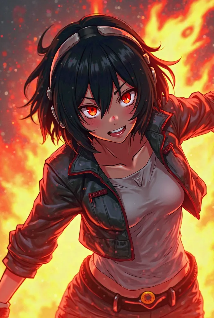 ((Anime my hero academia)) a female bomb fire quirk hero with a black medium hair and firely hair with red eyes and demon features and a hero clothing with a short jacket and with head phone on head