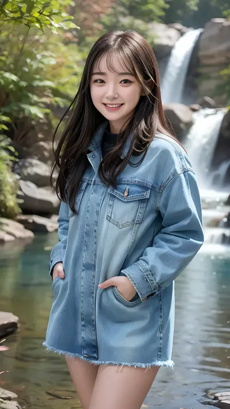 Masterpieces,8k,( 1 girl)Cute girl, youthful face ,smile,Wear a jeans skirt,Wear a denim coat , standing at the waterfall , Realistic Sharp Image  