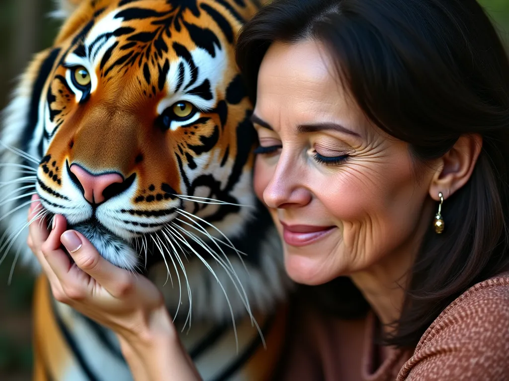 Picture of a mature woman (50 years old) European-looking brunette hugging a tiger (face to face) close-up