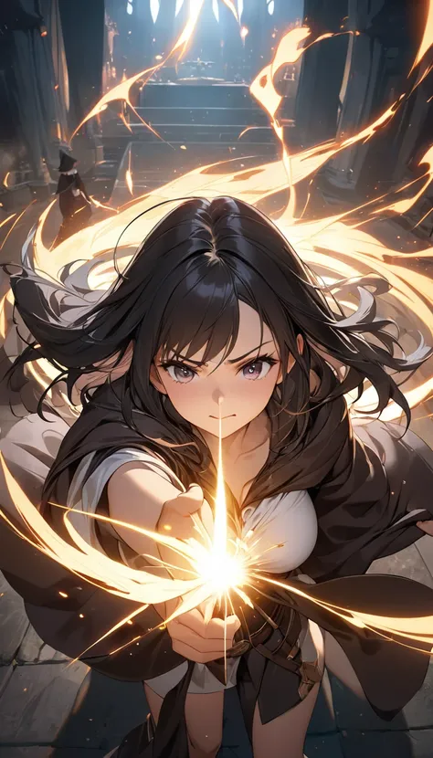 (A beautiful girl:1.3), cute anime girl, from above, upper body, looking down, wearing a wizard's robe, elegant outfit, sexy, beautiful, pointing, firing a beam of light, an expression of anger, medium breasts, fantasy art, (masterpiece, high quality:1.2),...