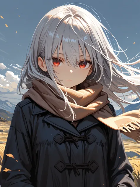 1girl ,black coat ,red eyes ,silver hair ,closed mouth ,coat ,hair between eyes ,long hair ,long sleeves ,looking at viewer ,outdoors ,painterly ,scarf ,sky ,solo ,upper body ,brown scarf ,wind ,masterpiece, best quality, ultra detailed ,