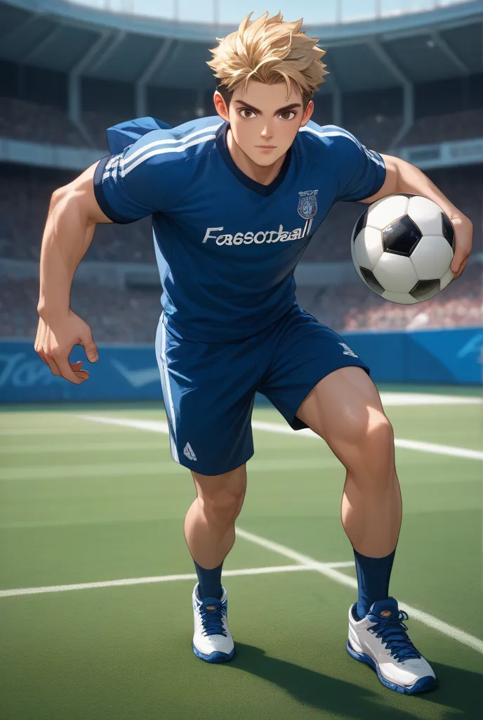 A boy age 20 look hand some with black hair,brown eye ,fit , play football 2d anime style Blonde Hair, 