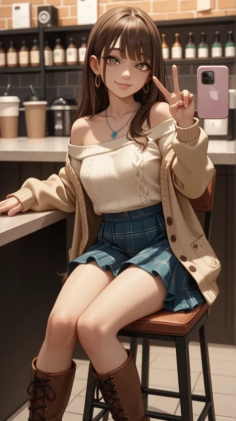 anime style、 one woman、pink lips、bangs、straight long hair、Dark brown hair、 Height、skinny、Anino breast、Blue Necklace、cool eyes、brown eyes、 Smile、one yellow earring、White off-shoulder sweater、brown open cardigan 、black ruffled skirt、long boots、coffee shop、si...