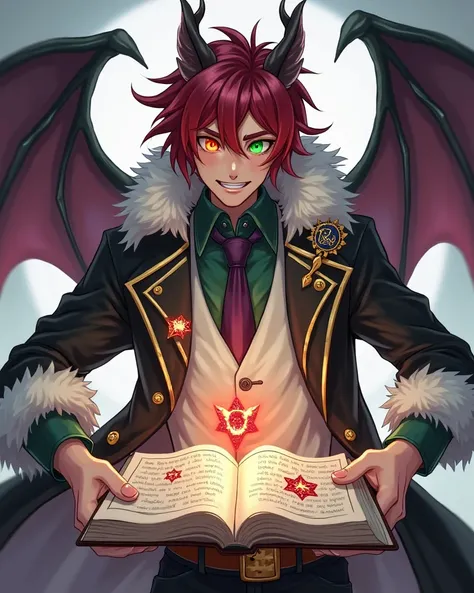 24-year-old male with slightly long red hair and black sclera in both eyes; the left one is red with green sparks and the right one, green with red sparks. It has longer golden fangs than those of a vampire, purple wolf ears, golden deer horns and demon wi...