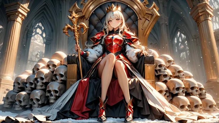 Full body portrait，Low Angle View，A sexy and charming woman sits on a magnificent huge throne on a pile of skulls，Wearing gorgeous and exquisite accessories and heavy black and red armor，Golden crown，Thick Scepter，gem，Luminescence，Luminescence特效，Bronzed sk...