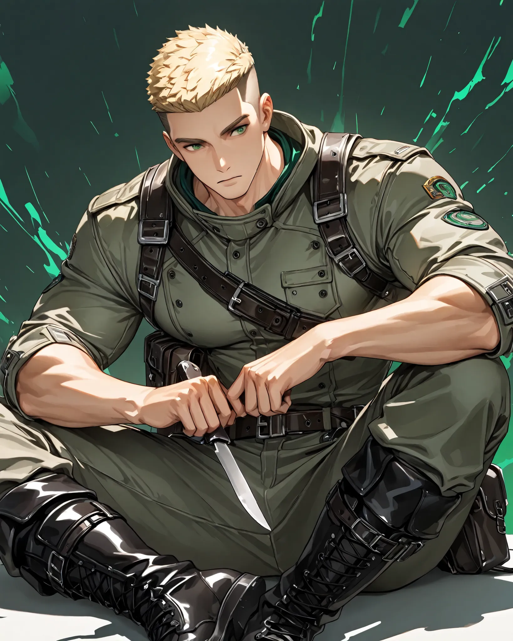 1boy, 28 yo, tall and muscular, blond hair, crew cut hair, green eyes, precise eye detail, wearing practical outfit: (color, muted green), black boots, belt bag, holding short knife, sitting, portrait, dynamic background, ultradetail, absurdres, 