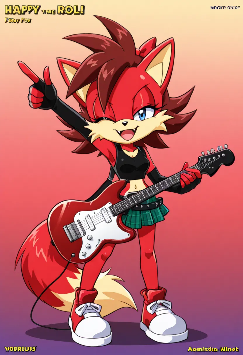 rock & roll - by the little foxy foxy foxy, arm up, solo, 1girl, breasts, skirt, tail, fox tail, one eye closed, fox ears, standing, animal ears, full body, miniskirt, short sleeves, instrument, shoes, guitar, fox girl, open mouth, plaid, plaid skirt, furr...