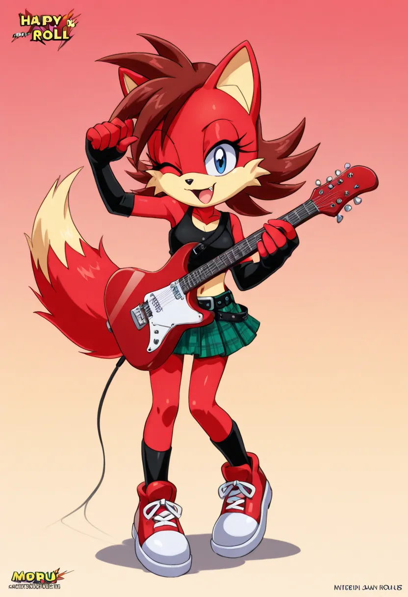 rock & roll - by the little foxy foxy foxy, arm up, solo, 1girl, breasts, skirt, tail, fox tail, one eye closed, fox ears, standing, animal ears, full body, miniskirt, short sleeves, instrument, shoes, guitar, fox girl, open mouth, plaid, plaid skirt, furr...