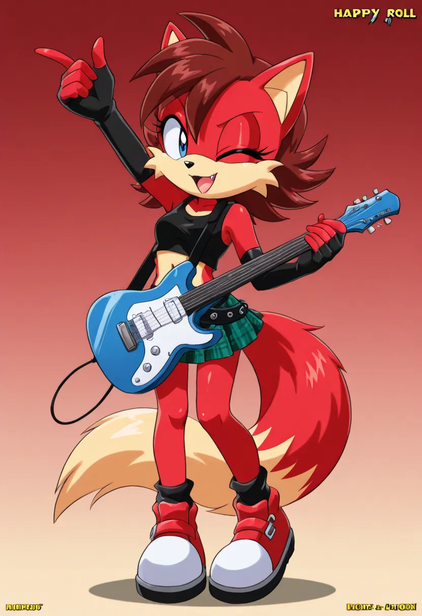 rock & roll - by the little foxy foxy foxy, arm up, solo, 1girl, breasts, skirt, tail, fox tail, one eye closed, fox ears, standing, animal ears, full body, miniskirt, short sleeves, instrument, shoes, guitar, fox girl, open mouth, plaid, plaid skirt, furr...