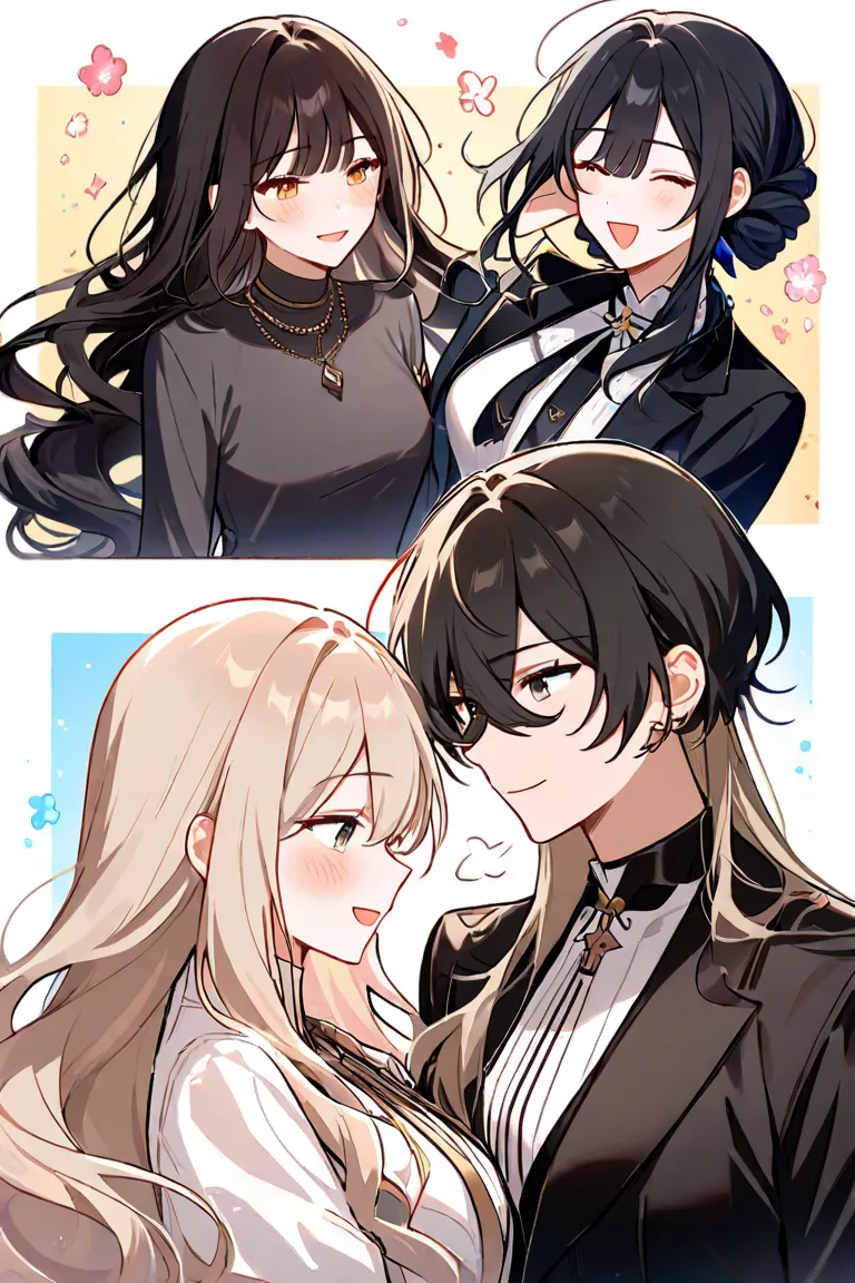  girls on the left2人(  character for V21（ girls on the left、 light beige hair、 shoulder length、The tips of the hair curl inward）、 character for V2２（woman、long black hair、Sophisticated and neat face）)、so close that our breaths seem to touch each other、In si...