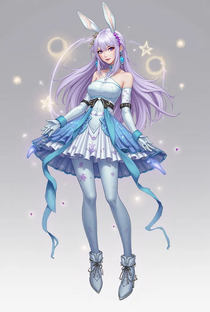 ## **Character design:  Women's Honeymoon **
** Style :**  elegant ,  ghost , occult, combines modern and traditional.

### **1.  outfit **
- ** Modern dress :**  light blue ,  layered skirt ,  blue print ,  shoulder part with blue purple ribbon .
- **tigh...