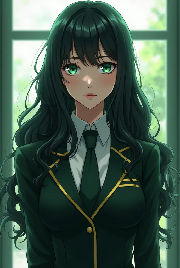 A girl who has curly black hair, emerald green eyes and a perfect body and who is tall and wears a mha uniform
