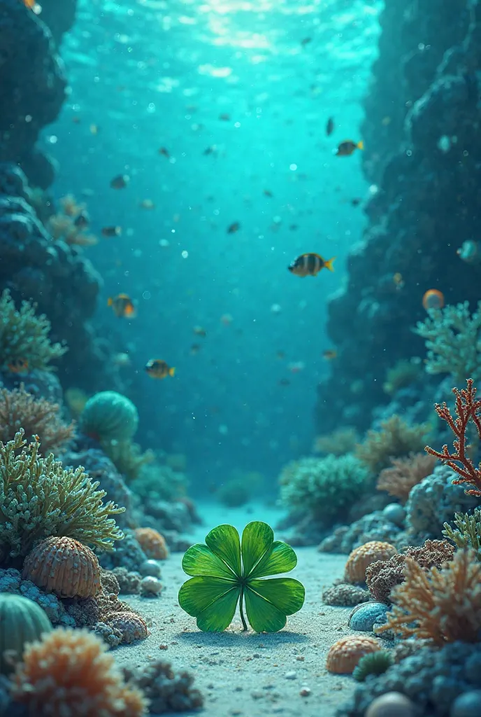 4-leaf clover on the bottom of the sea, surrounded by fish and shells in shades of aqua blue and dark blue 